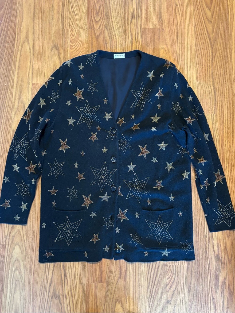 Saint Laurent Paris Star Lurex Cardigan in Black Gold Colors